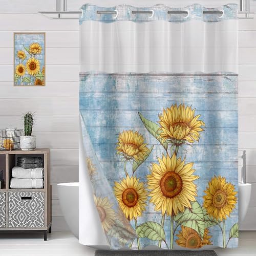 Sunflower Farmhouse Bath Curtain No Hook Design 71x74