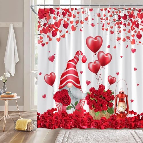 Valentines Day Gnome Shower Curtain Red Pink Roses