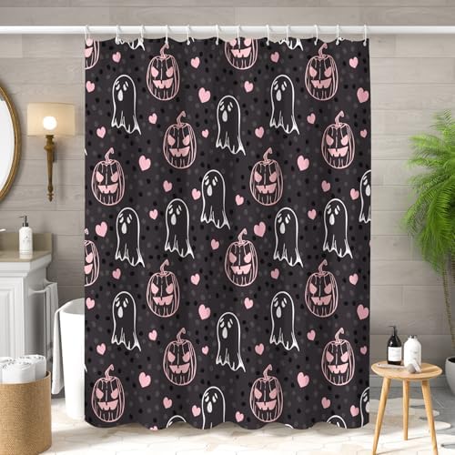 Sillsloso Halloween Pink Ghost Pumpkin Bathroom Curtain Waterproof 60x72 inch