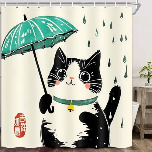 Funny Cat Shower Curtain Japanese Art for Kids Soft Durable