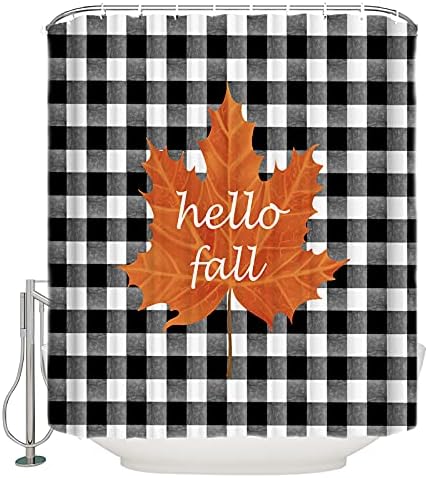 Autumn-themed waterproof shower curtain with 12 hooks for easy setup