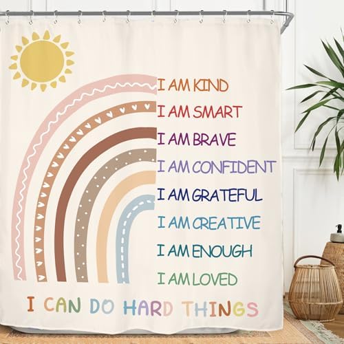 Miyotaa Rainbow Girls Bathroom Shower Curtain Set Pastel Inspirational Quotes