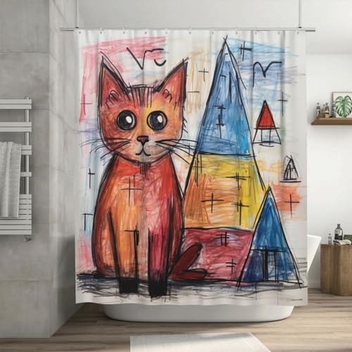 Cute Cat Shower Curtain Crayon Drawing Boho Set for Kids 72x72in