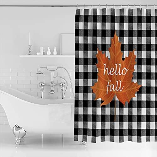 Autumn-themed waterproof shower curtain with 12 hooks for easy setup