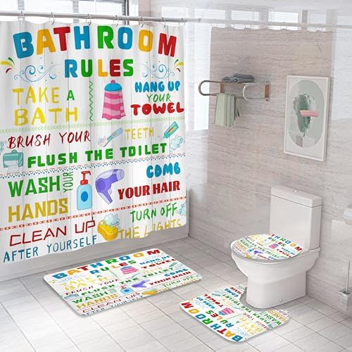 4PCS Kids Shower Curtain Set with Funny Rules and Non-Slip Mats