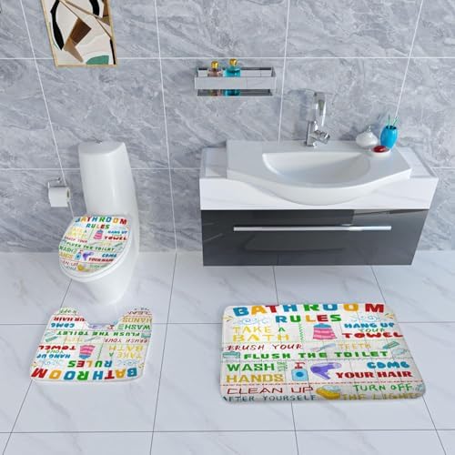 4PCS Kids Shower Curtain Set with Funny Rules and Non-Slip Mats
