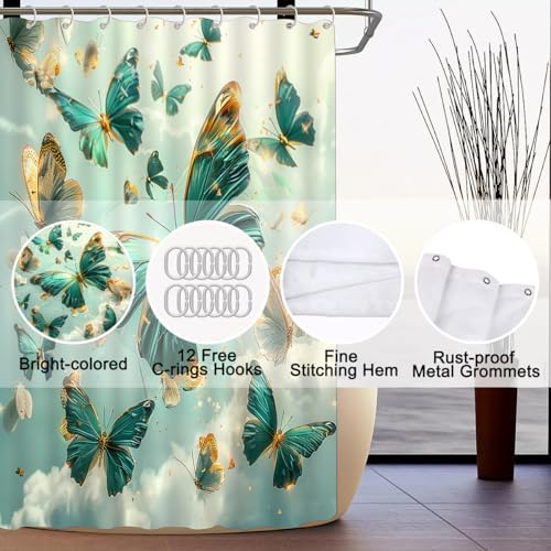 AlexEx 4-Piece Green Butterfly Shower Curtain Set