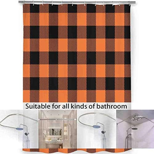 VISALUNA Shower Curtain Set 72x72in Orange Black Buffalo Plaid