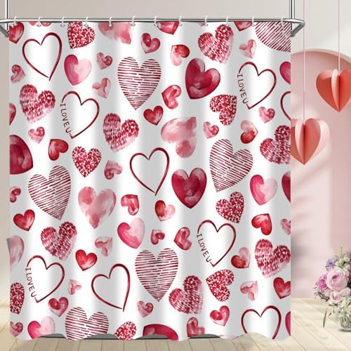 Lush Valentines Day Shower Curtain Red Pink Hearts Waterproof Durable 72x72 inches