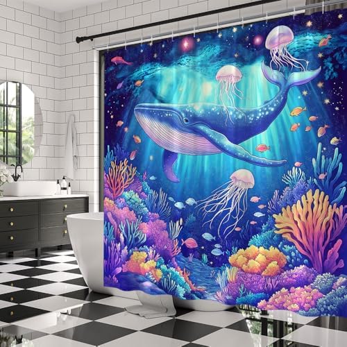 Fantasty Whale Bath Curtains Tropical Blue Ocean