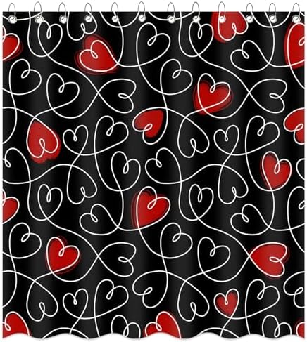 Valentines Day Gift - Black Heart Shower Curtain with 12 Hooks