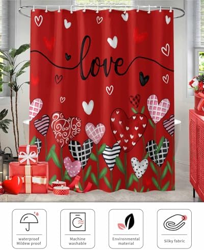 72x72 Red Flower Shower Curtain Set with 12 Hooks