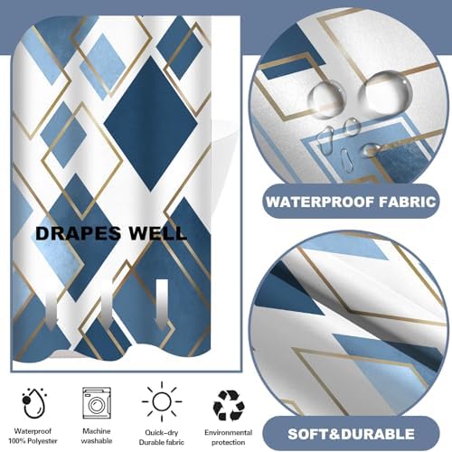 TWLSNCD No Hook Geometric Shower Curtain Set Navy Blue