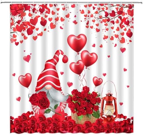 Valentines Day Gnome Shower Curtain Red Pink Roses