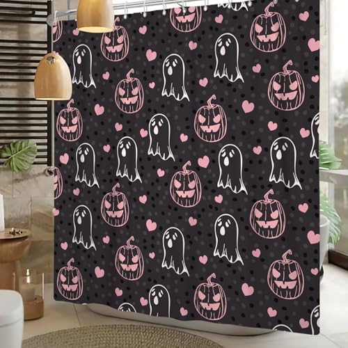 Sillsloso Halloween Pink Ghost Pumpkin Bathroom Curtain Waterproof 60x72 inch