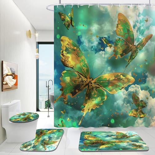 4 PCS Green Butterfly Shower Curtain Sets