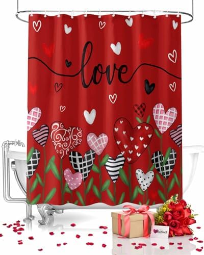 72x72 Red Flower Shower Curtain Set with 12 Hooks