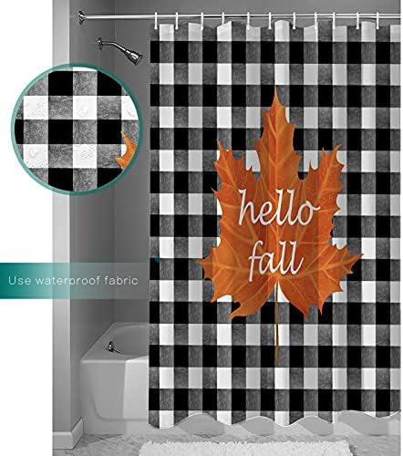 Autumn-themed waterproof shower curtain with 12 hooks for easy setup
