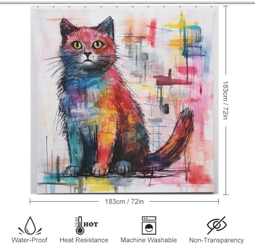 Cute Cat Shower Curtain with 12 Hooks 72x72in