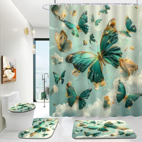 AlexEx 4-Piece Green Butterfly Shower Curtain Set