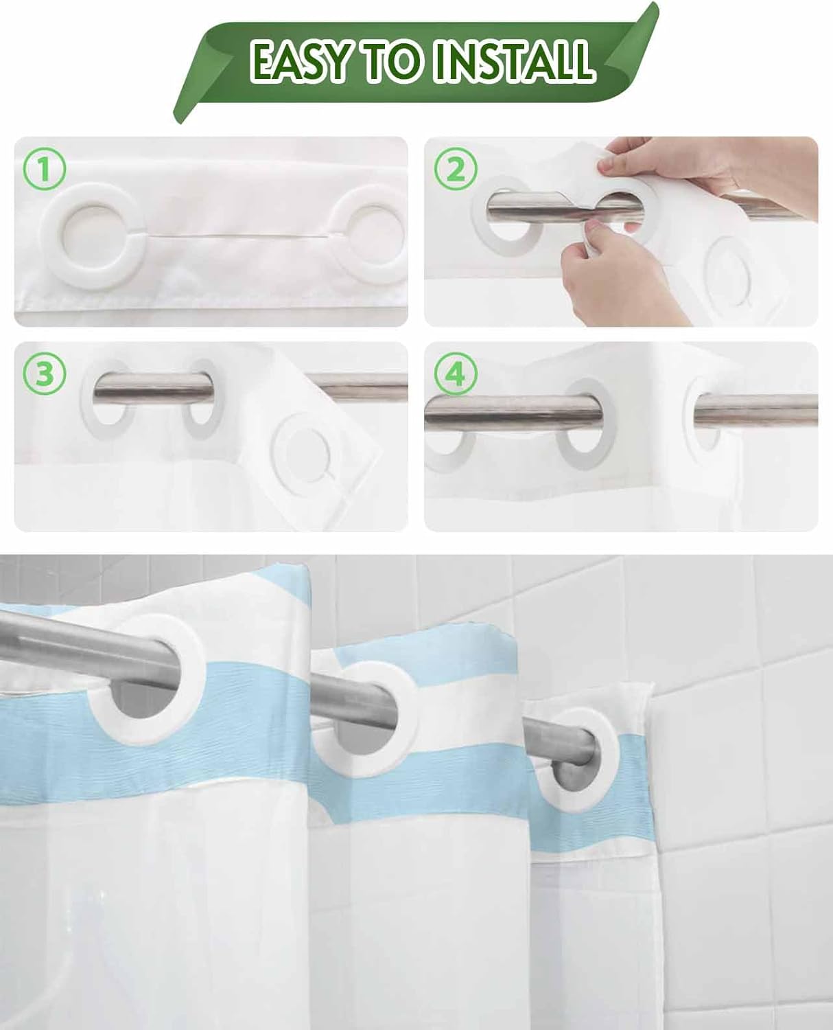 No Hooks Nautical Blue Shower Curtain Set