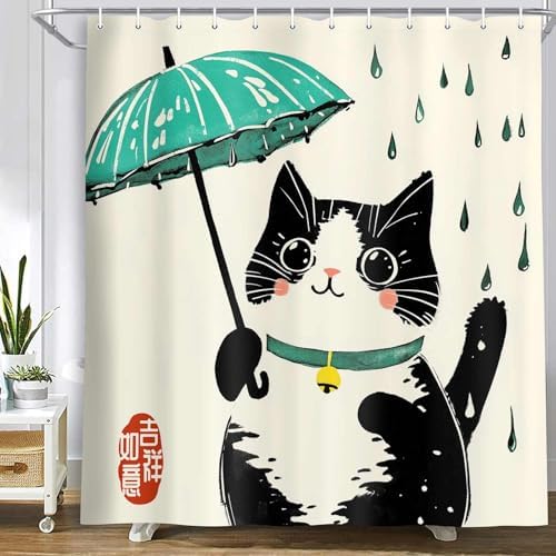 Funny Cat Shower Curtain Japanese Art for Kids Soft Durable