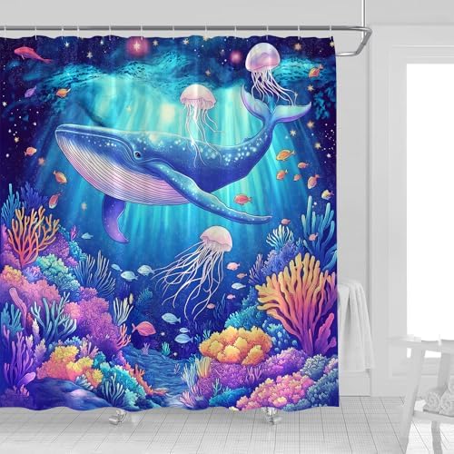 Fantasty Whale Bath Curtains Tropical Blue Ocean