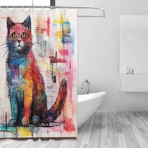 Cute Cat Shower Curtain with 12 Hooks 72x72in