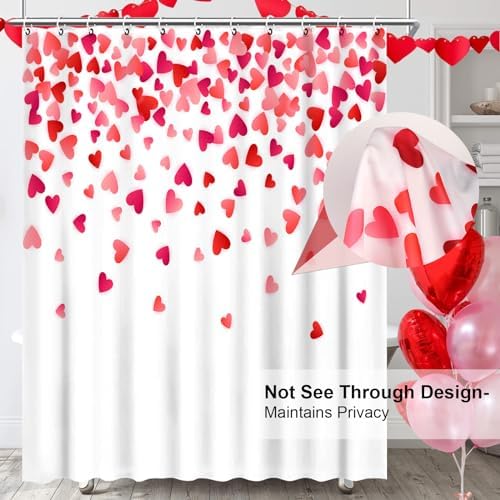 Stylish Valentines Day Shower Curtain with Falling Red Hearts for Your Bathroom