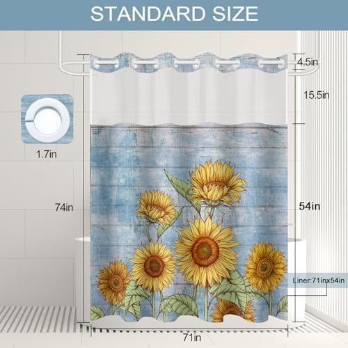 Sunflower Farmhouse Bath Curtain No Hook Design 71x74