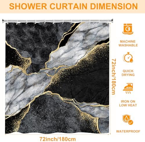 Black Gold Marble Shower Curtain Set with Hooks 72x72 Inch 1