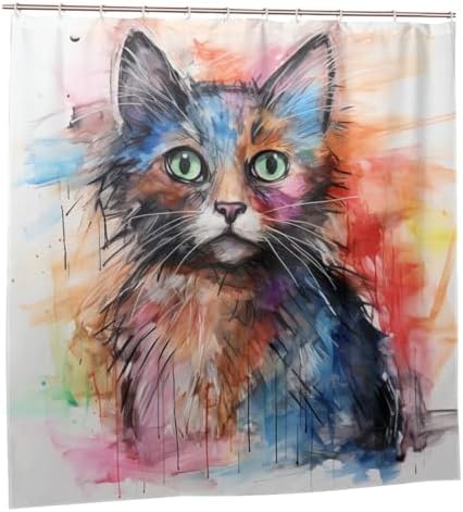 Cute Cat Shower Curtain Set with 12 Hooks 72x72in 1