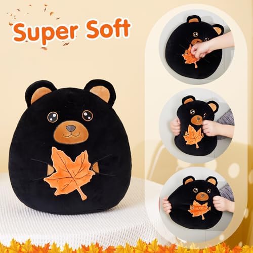 Wewill 12-Inch Black Bear Plush Pillow Cute Bear Holding Maple Leaf