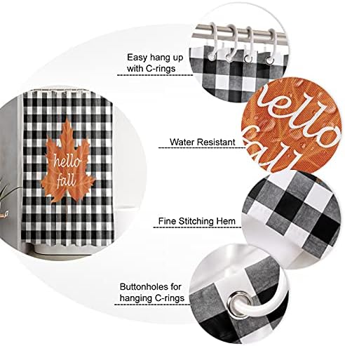 Autumn-themed waterproof shower curtain with 12 hooks for easy setup