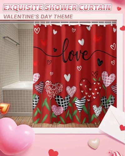 72x72 Red Flower Shower Curtain Set with 12 Hooks