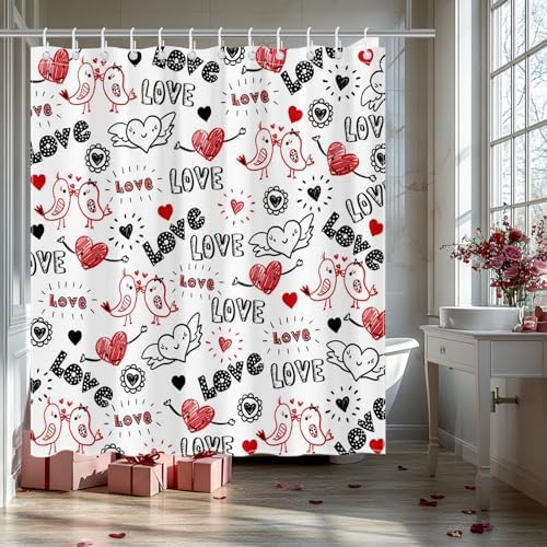 Mocsicka Valentines Shower Curtain Doodle Style Heart and Kiss Birds