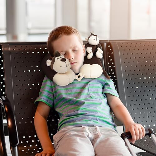 Kids Neck Pillow with Monkey Stuffed Animal for Travel