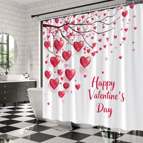 Bathroom Valentines Day Shower Curtain Pink Heart 70x70 Red