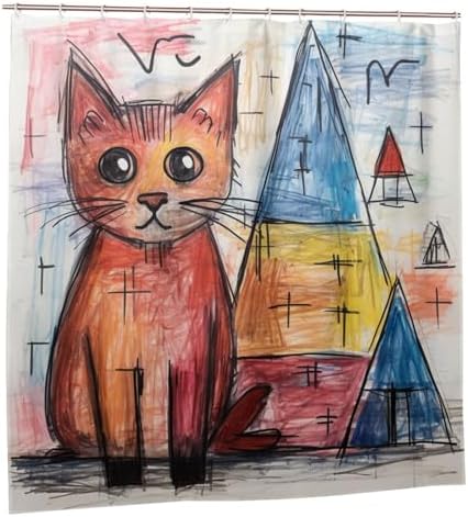 Cute Cat Shower Curtain Crayon Drawing Boho Set for Kids 72x72in