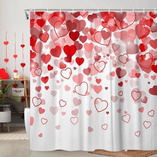 JAWO Valentines Red Heart Shower Curtain Set