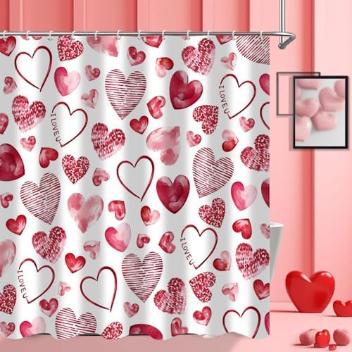 Lush Valentines Day Shower Curtain Red Pink Hearts Waterproof Durable 72x72 inches