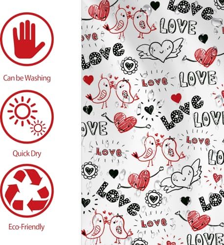 Mocsicka Valentines Shower Curtain Doodle Style Heart and Kiss Birds