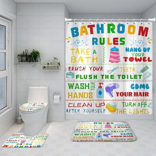 4PCS Kids Shower Curtain Set with Funny Rules and Non-Slip Mats