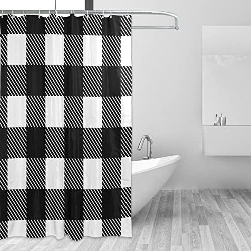 Susiyo - Waterproof Machine Washable Black White Tartan Plaid Bathroom Shower Curtain with Hooks