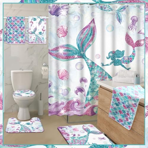 Nuanchu 6 Piece Mermaid Bathroom Set with Mat and Towels