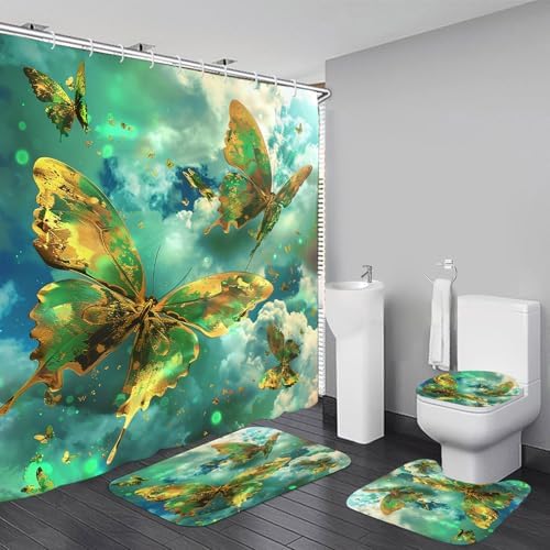 4 PCS Green Butterfly Shower Curtain Sets