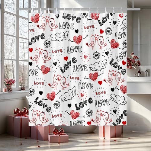 Mocsicka Valentines Shower Curtain Doodle Style Heart and Kiss Birds