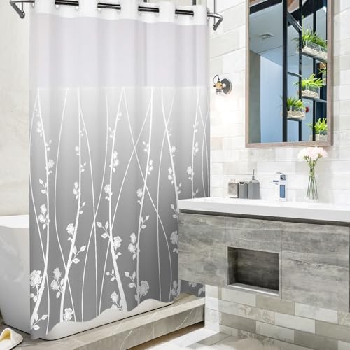 No Hook shower curtain set ombre floral grey fabric 71x74 inches