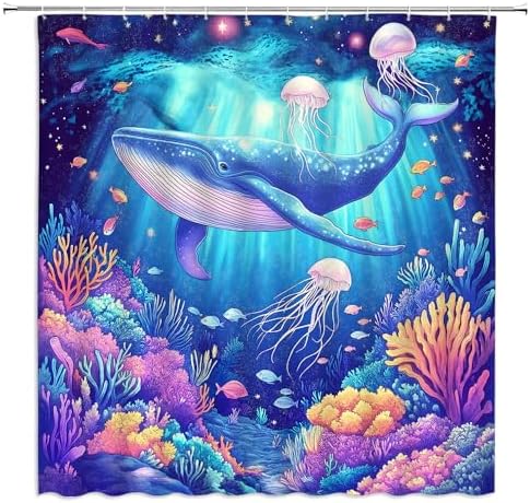 Fantasty Whale Bath Curtains Tropical Blue Ocean