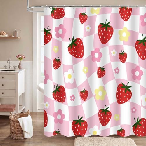 Strawberry Shower Curtain Retro Girly Design for Bathroom Decor